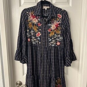 Johnny Was Navy Plaid Dress with Floral Embroidery
